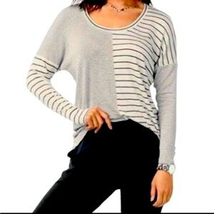 CAbi grey striped long sleeve scoop neck comfortable flattering design